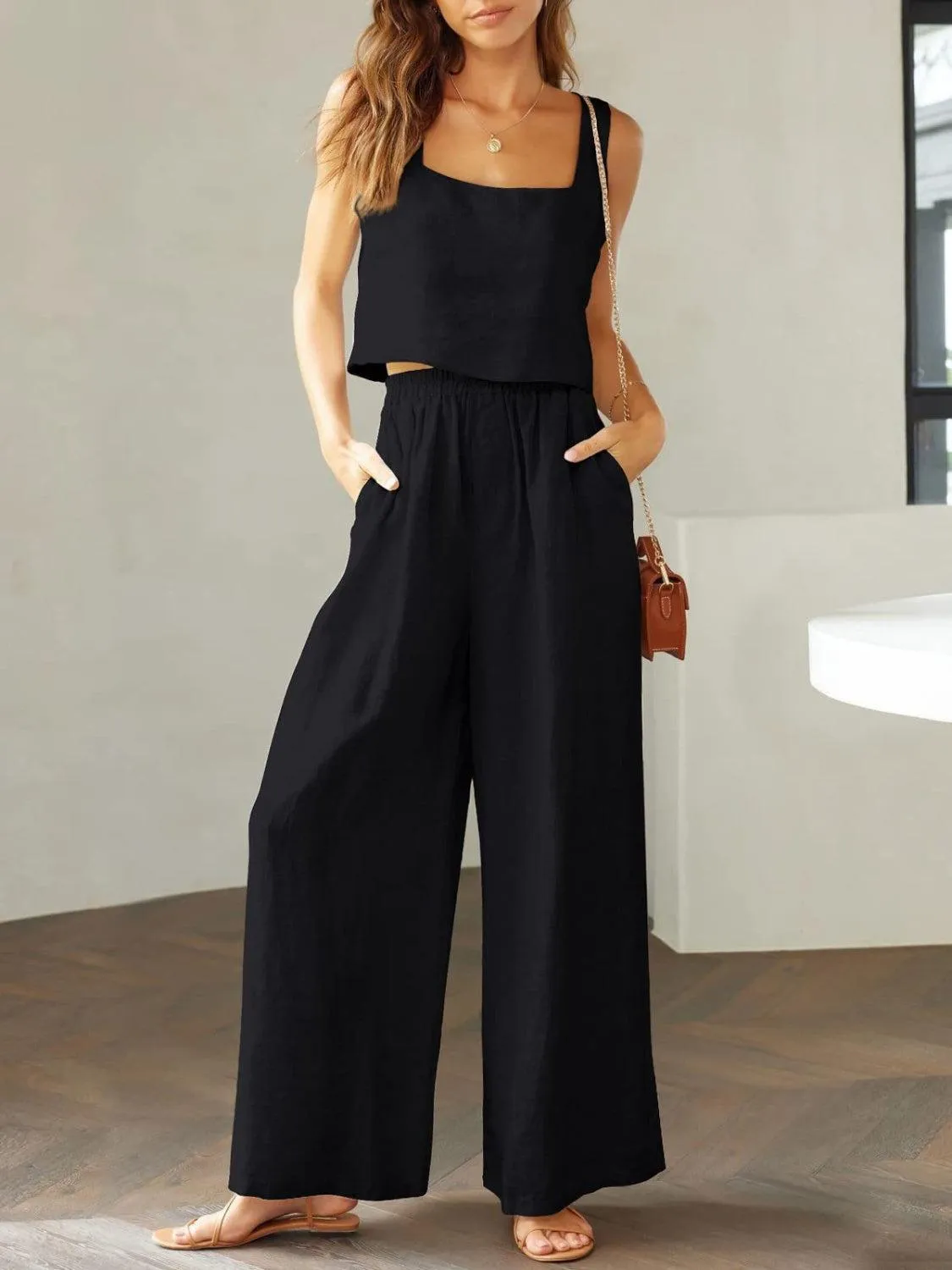 Modern Chic Square Neck Crop Top and Wide Leg Pants Set