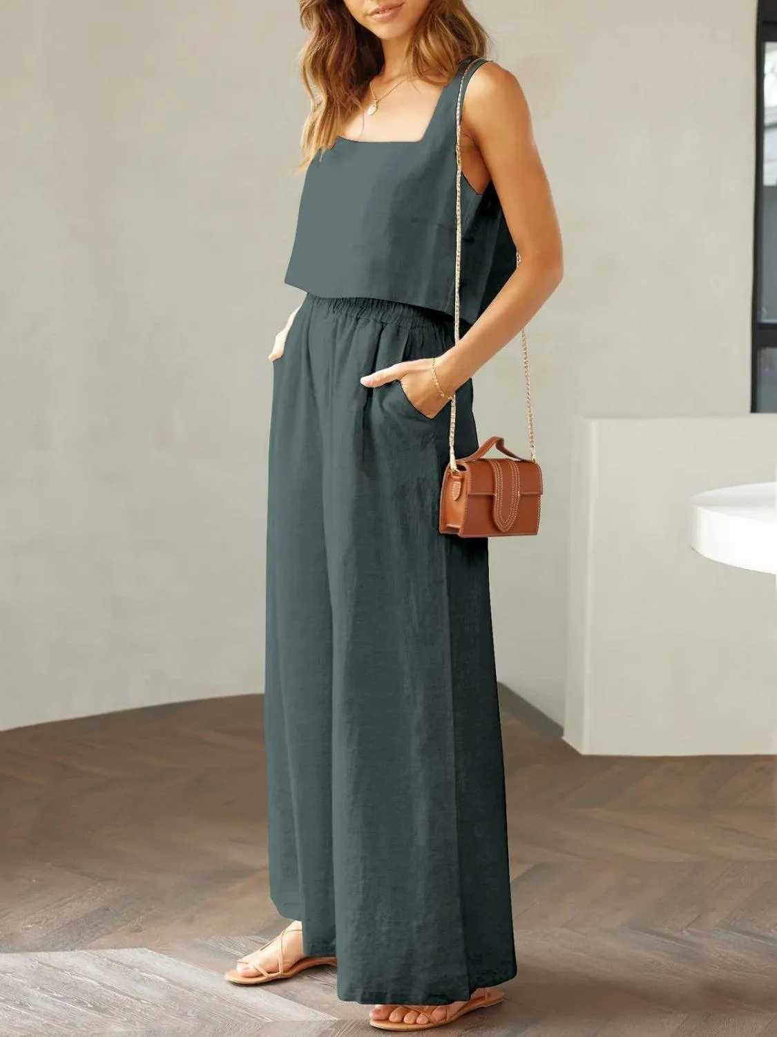 Modern Chic Square Neck Crop Top and Wide Leg Pants Set