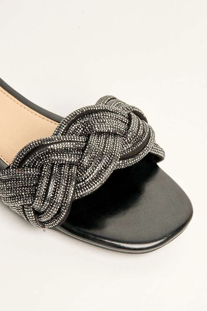Muna Diamante Knot Band Flat Sliders in Black