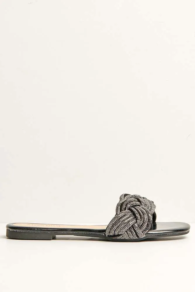 Muna Diamante Knot Band Flat Sliders in Black