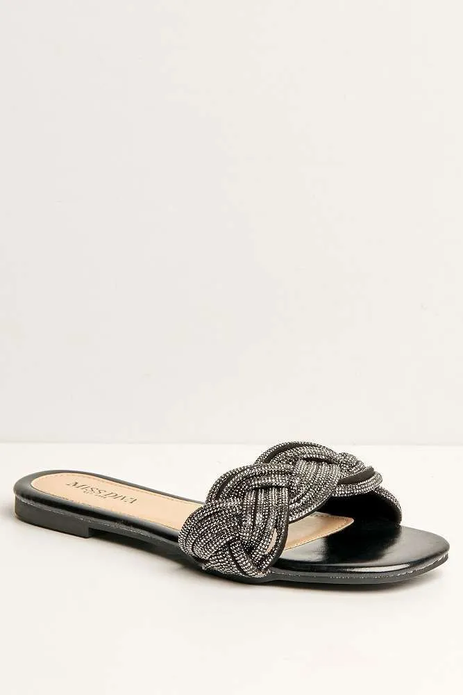 Muna Diamante Knot Band Flat Sliders in Black