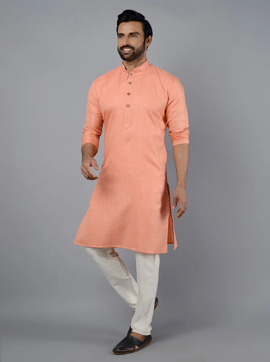 Peach Self Textured Silk Blend Kurta for Men