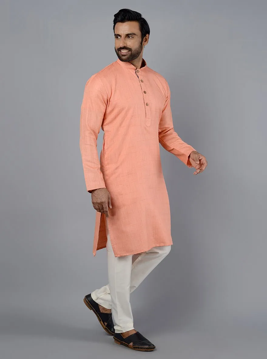 Peach Self Textured Silk Blend Kurta for Men