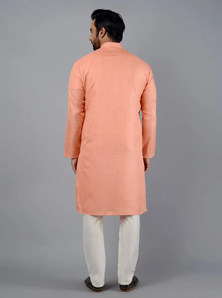 Peach Self Textured Silk Blend Kurta for Men