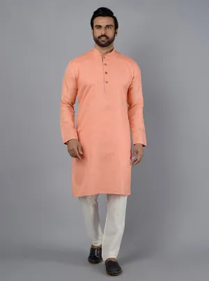 Peach Self Textured Silk Blend Kurta for Men