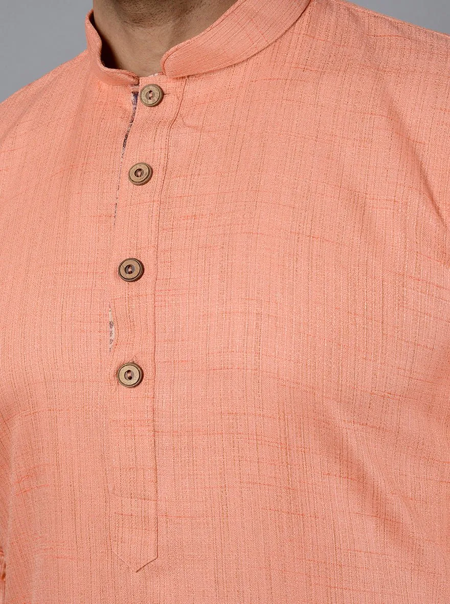 Peach Self Textured Silk Blend Kurta for Men