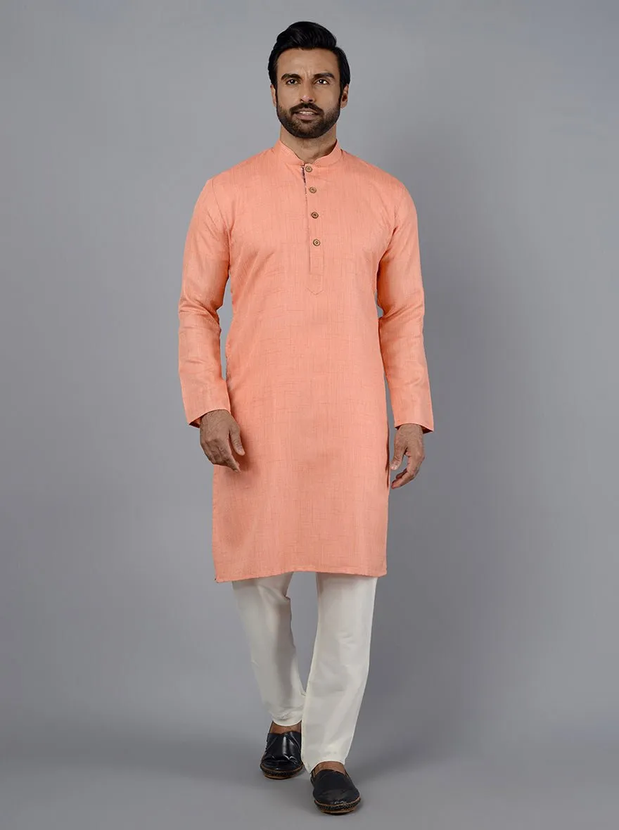 Peach Self Textured Silk Blend Kurta for Men