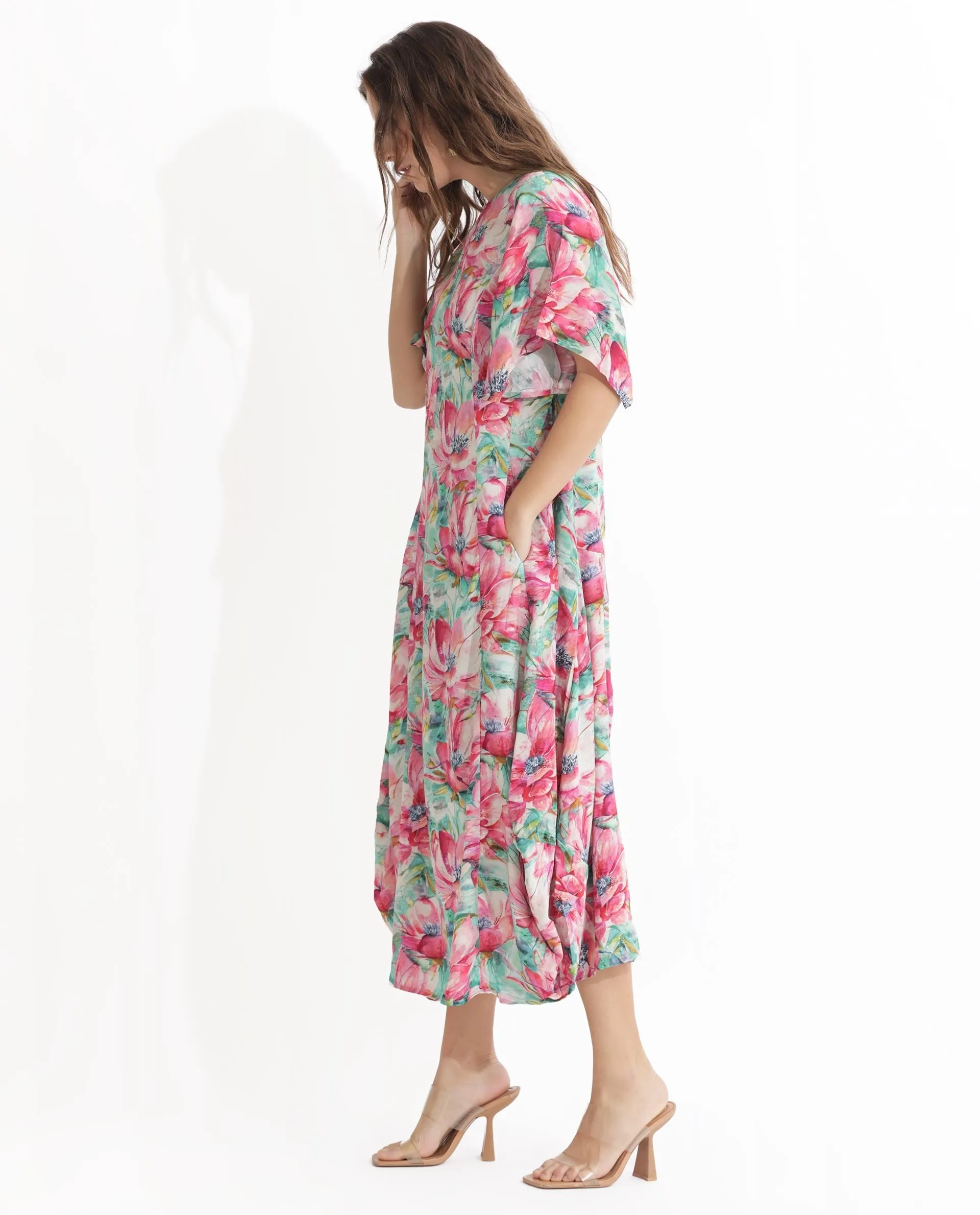 Rareism Women Flonki Pastel Green Viscose Fabric Short Sleeves Button Closure Round Neck Bell Sleeve Regular Fit Floral Print Midi Asymmetric Dress