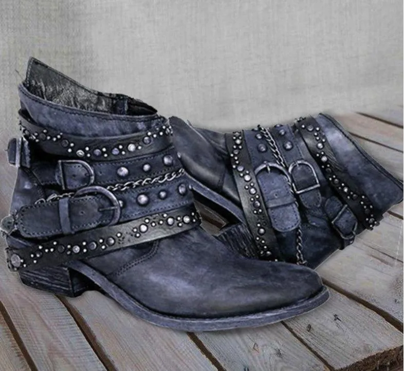 Retro buckle strap ankle boots women's motorcycle boots low block heel booties