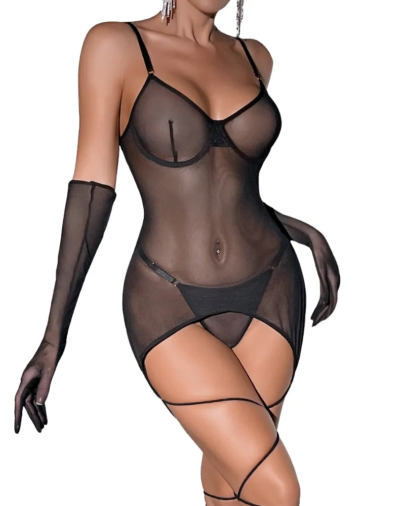 Sexy mesh backless see-through rope glove 3-piece set
