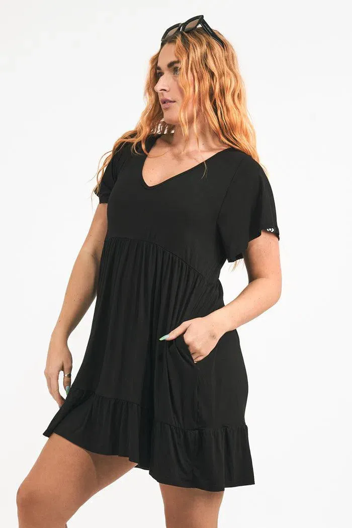 Slinky To Touch Baby Doll V Neck Tiered Mini Dress - Black