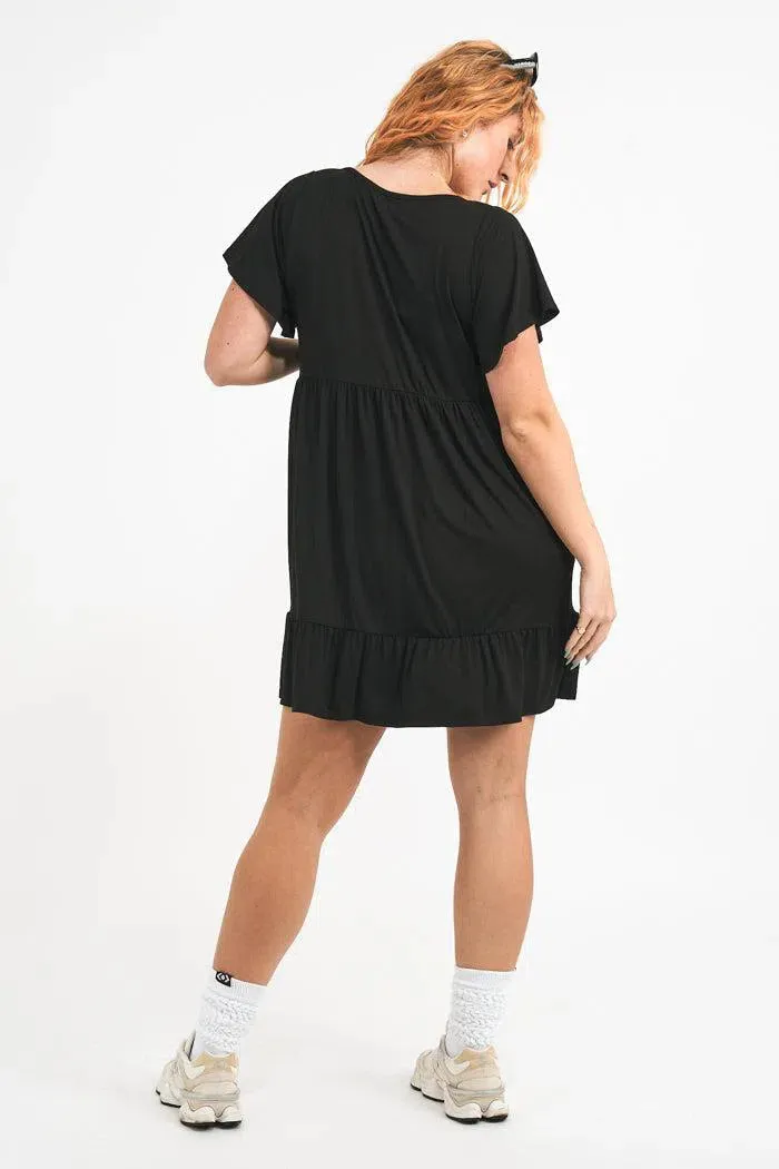 Slinky To Touch Baby Doll V Neck Tiered Mini Dress - Black