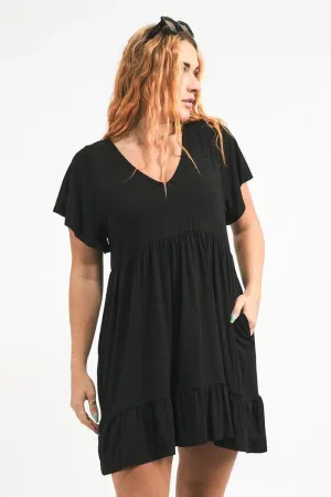 Slinky To Touch Baby Doll V Neck Tiered Mini Dress - Black