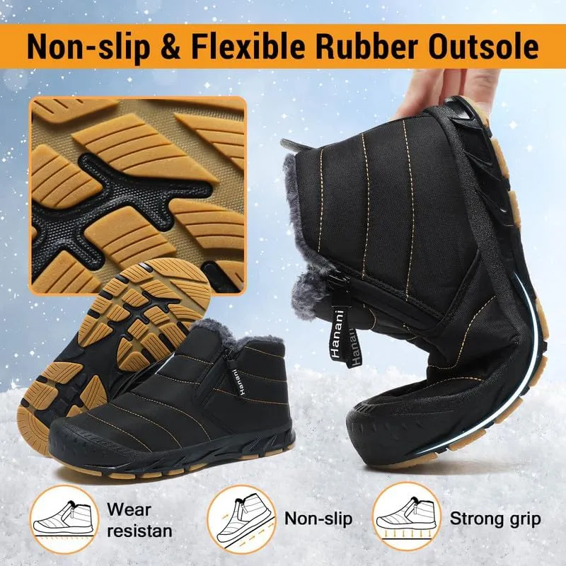 Snow Boots Mens Waterproof Winter Boots Fur Lined Warm Ankle Boots Zipper Closure Slip on Outdoor Boot Comfortable Walking Shoes