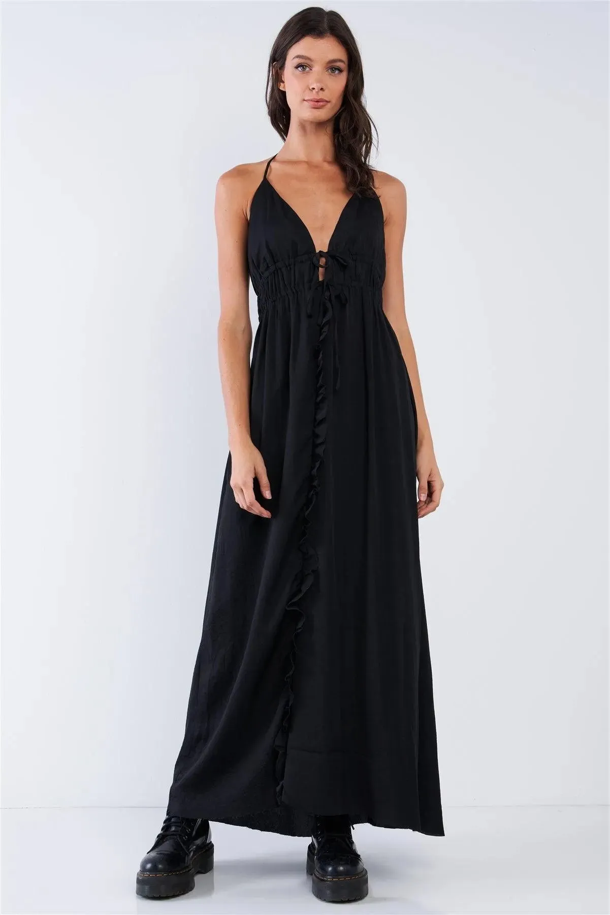 Solid Black Satin Open Back Halter Draw String Tie Top Ruffle Vertical Top-To-Bottom Hem Stretchy Waistline Maxi Dress