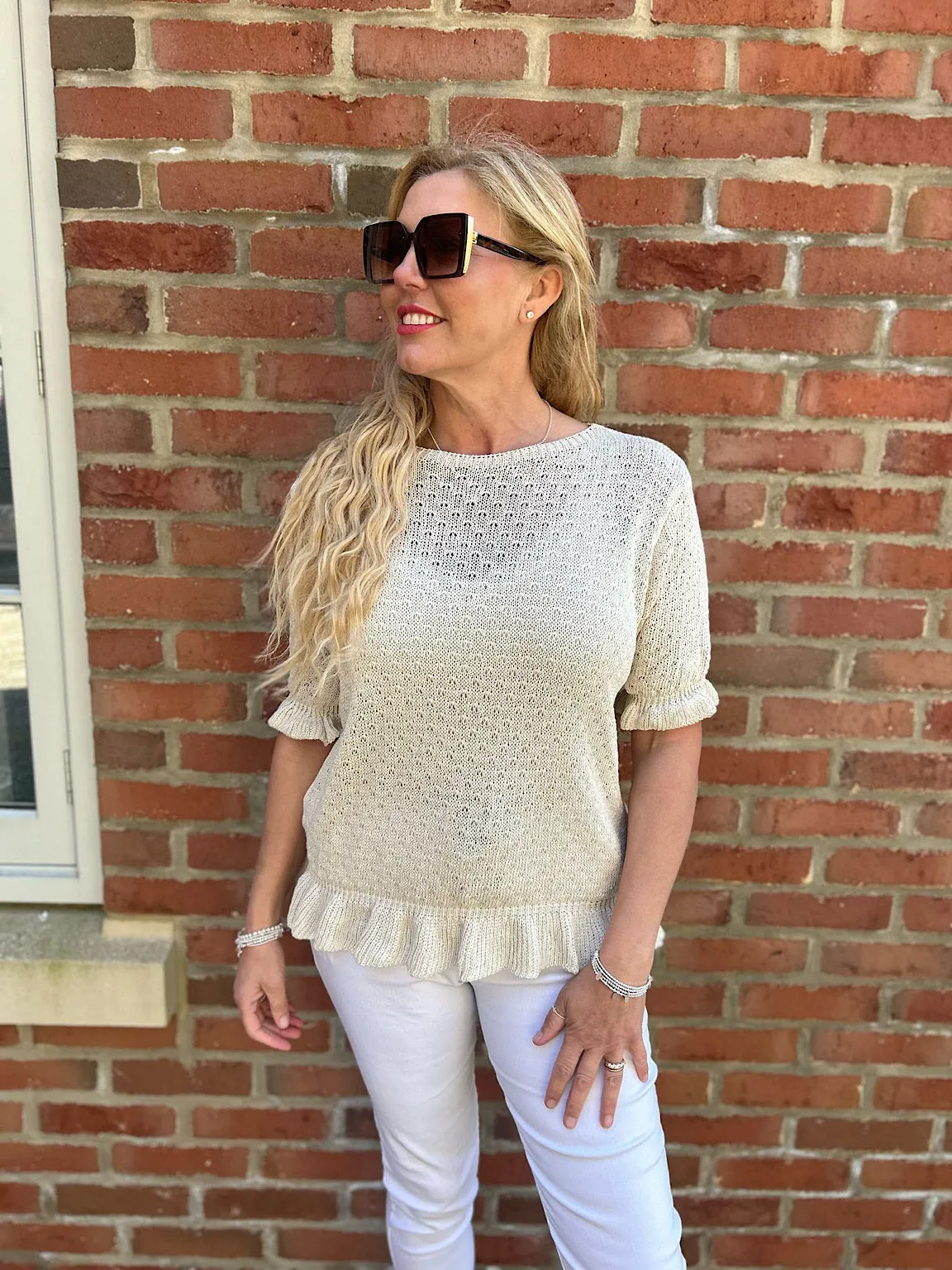 Stone Ruffle Trim Knit Top Ivy