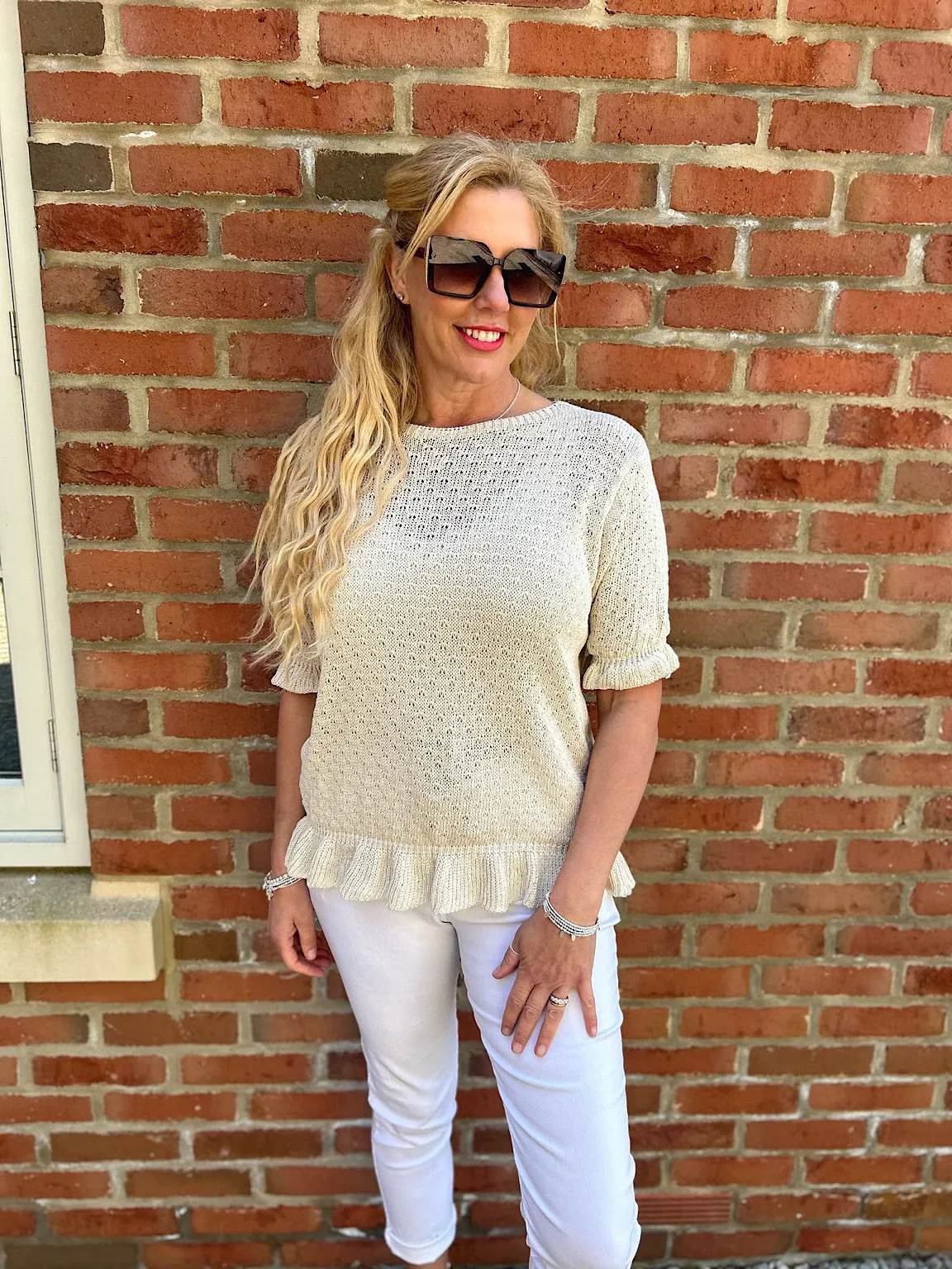 Stone Ruffle Trim Knit Top Ivy