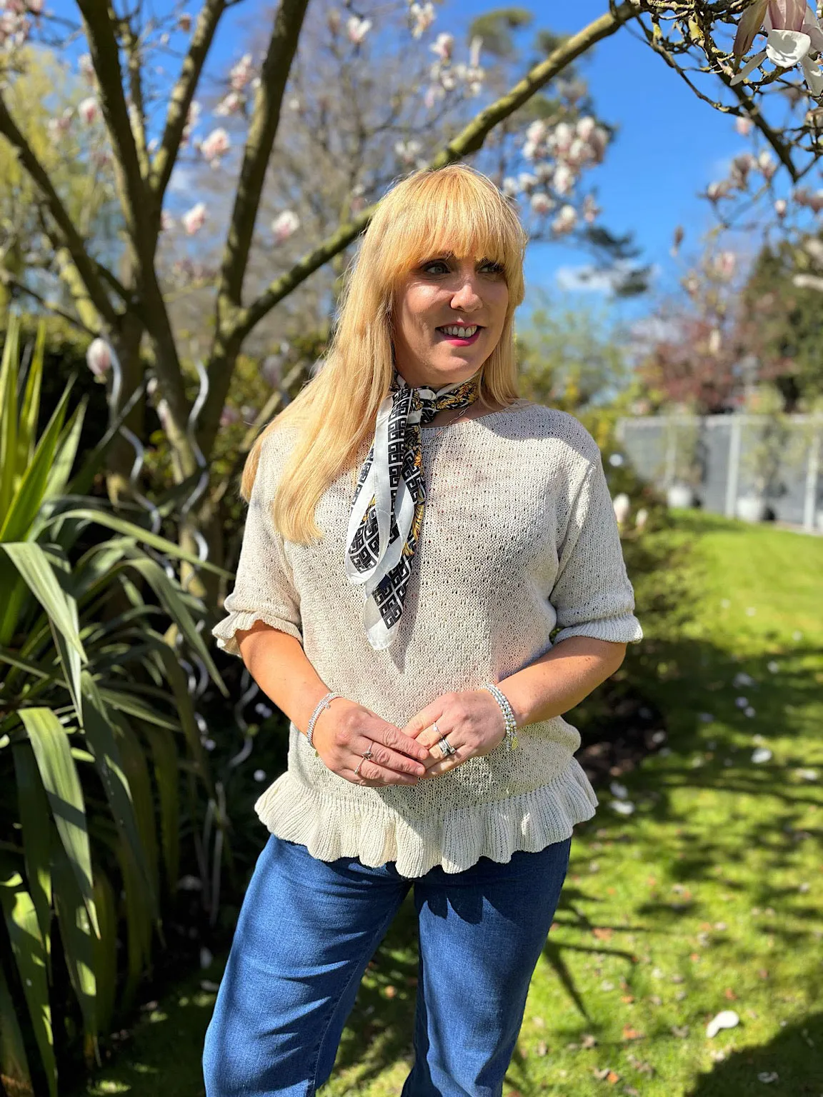 Stone Ruffle Trim Knit Top Ivy