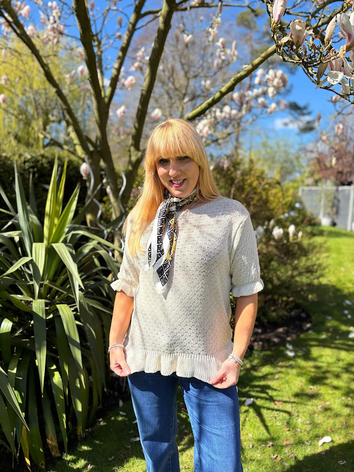 Stone Ruffle Trim Knit Top Ivy