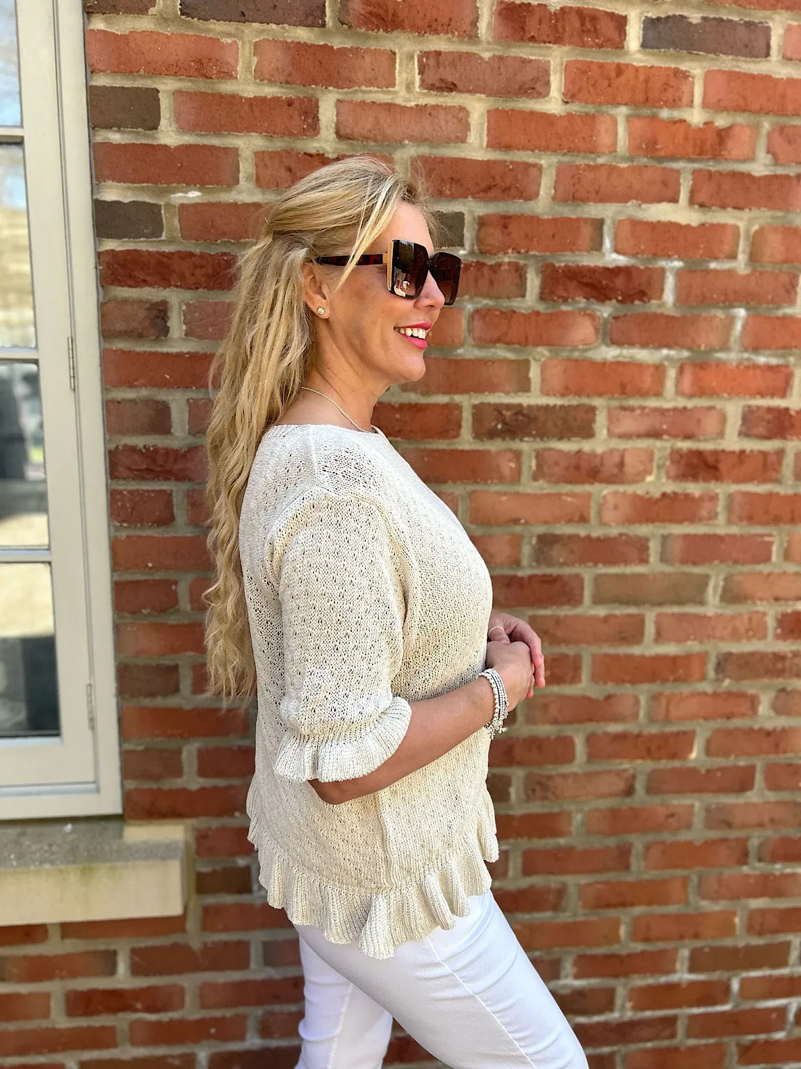 Stone Ruffle Trim Knit Top Ivy