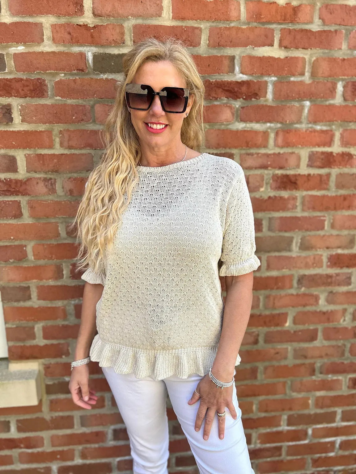 Stone Ruffle Trim Knit Top Ivy