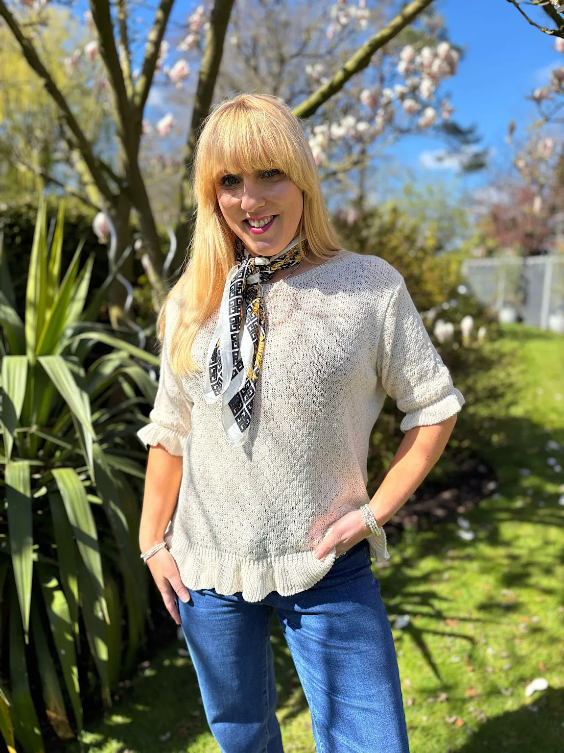 Stone Ruffle Trim Knit Top Ivy
