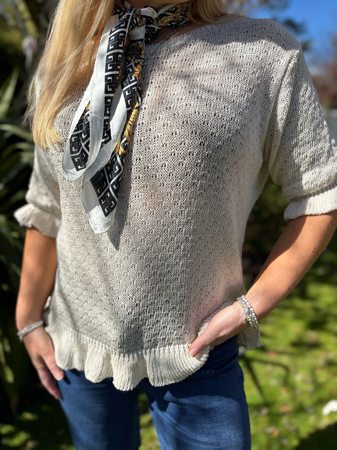 Stone Ruffle Trim Knit Top Ivy
