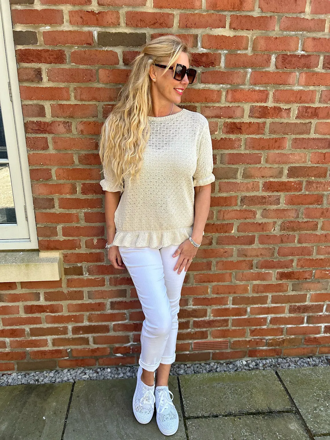 Stone Ruffle Trim Knit Top Ivy