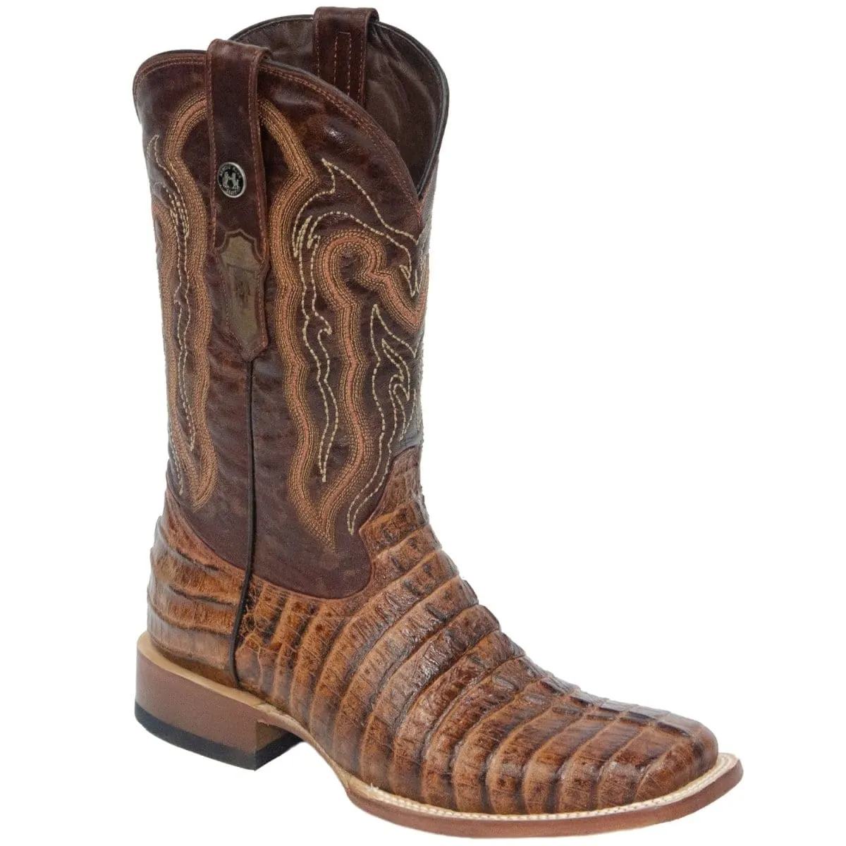 Tanner Mark Men's Hudson Print Caiman Tail Square Toe Boots Cognac TM201703