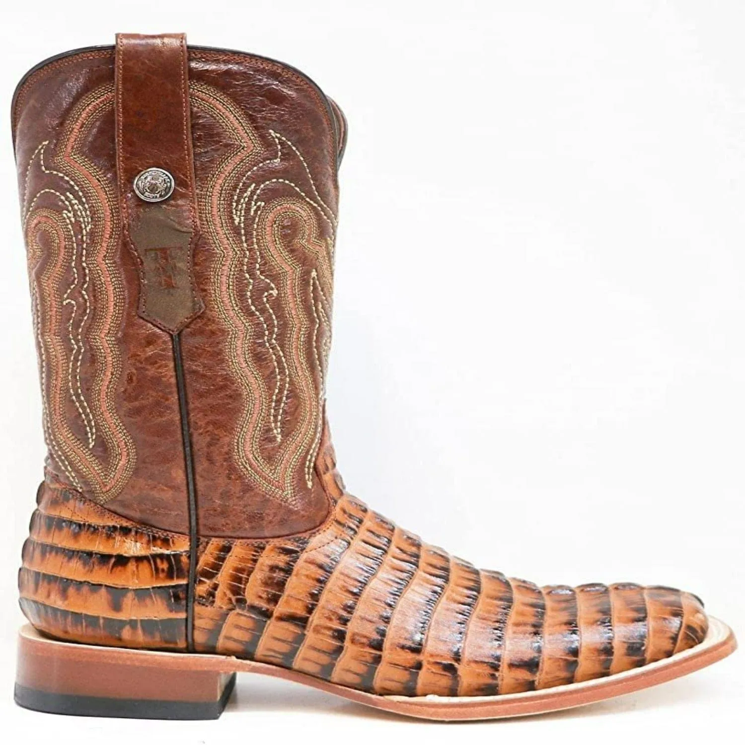 Tanner Mark Men's Hudson Print Caiman Tail Square Toe Boots Cognac TM201703