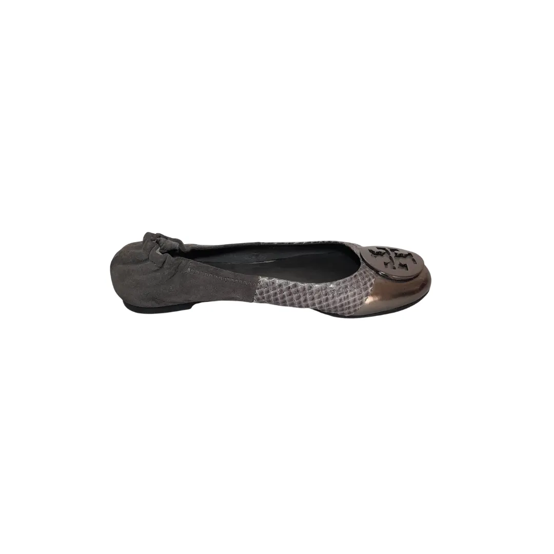 Tory Burch Silver Croc Textured & Suede Ballet Flats | Pre Loved |