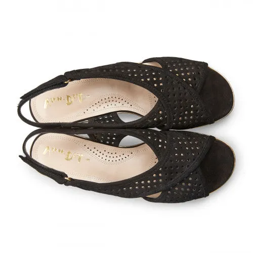 Van Dal Elan 3108 Ladies 1002 Black Suede Perforated Open Toe Slingback Wedge Sandals