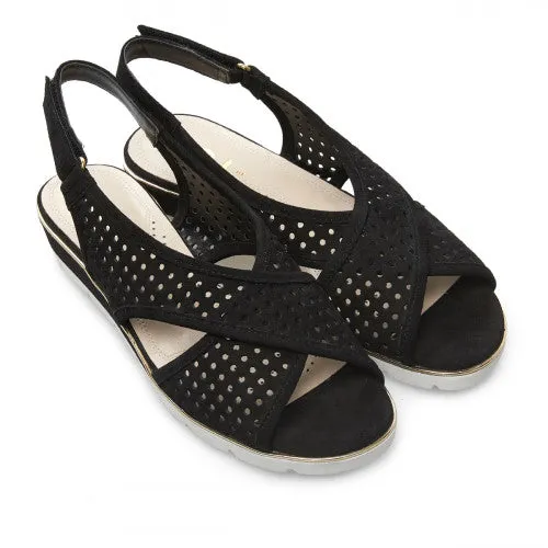 Van Dal Elan 3108 Ladies 1002 Black Suede Perforated Open Toe Slingback Wedge Sandals