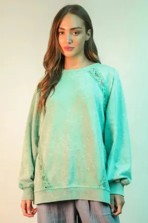 VERY J Lace Trim Detail Mineral Washed Knit Top In Mint