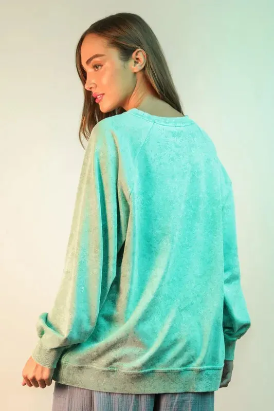 VERY J Lace Trim Detail Mineral Washed Knit Top In Mint