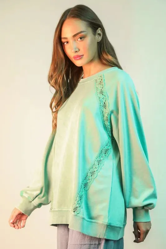 VERY J Lace Trim Detail Mineral Washed Knit Top In Mint