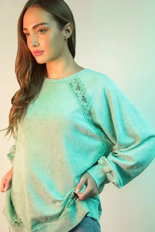 VERY J Lace Trim Detail Mineral Washed Knit Top In Mint