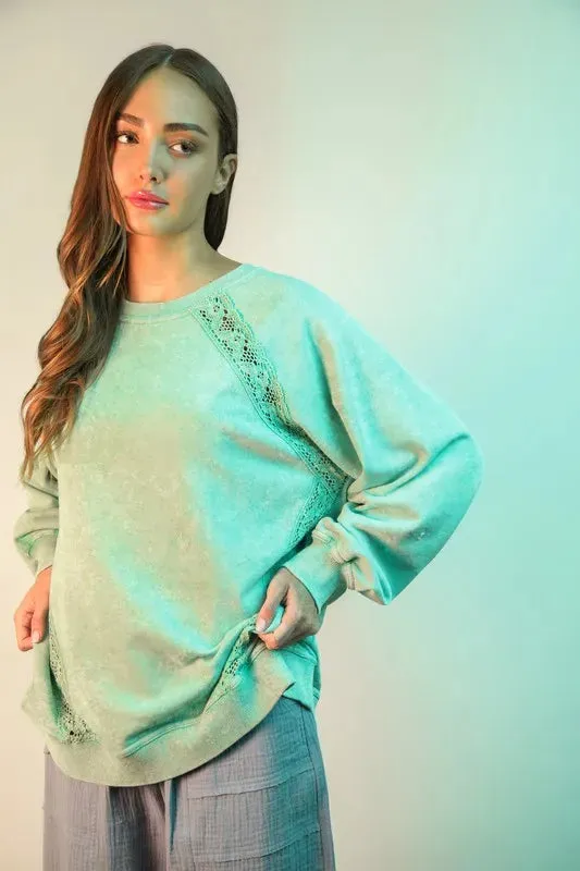 VERY J Lace Trim Detail Mineral Washed Knit Top In Mint