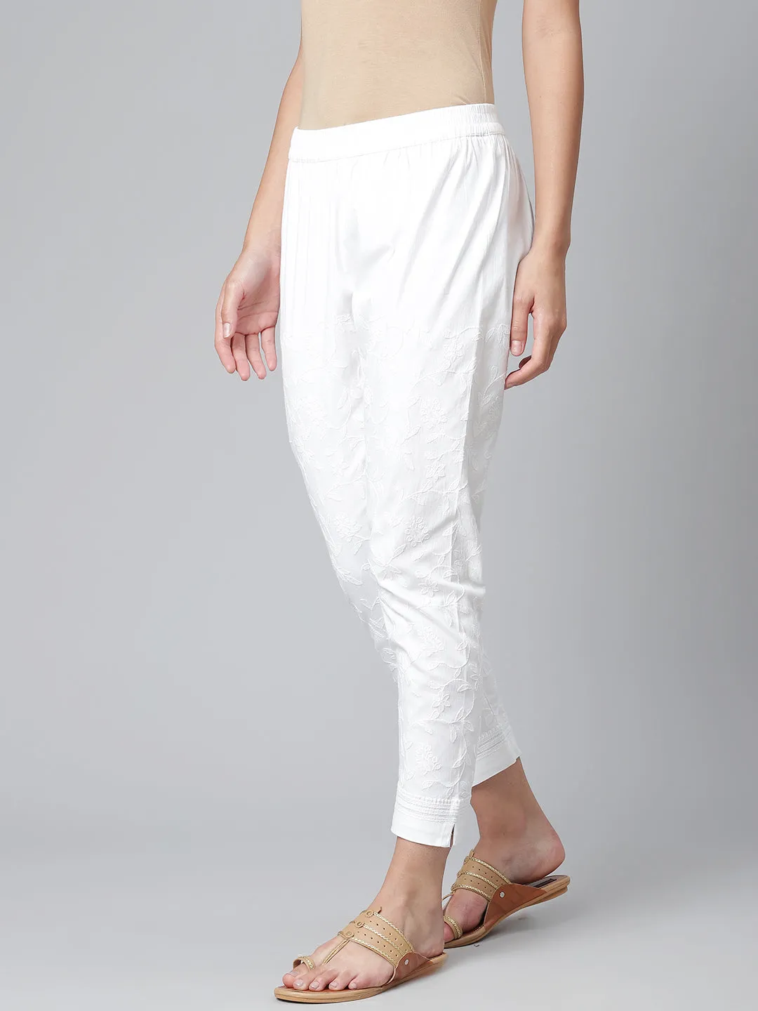 White Chikankari Stretchable Pants