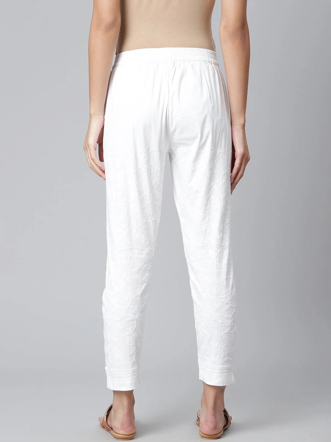 White Chikankari Stretchable Pants