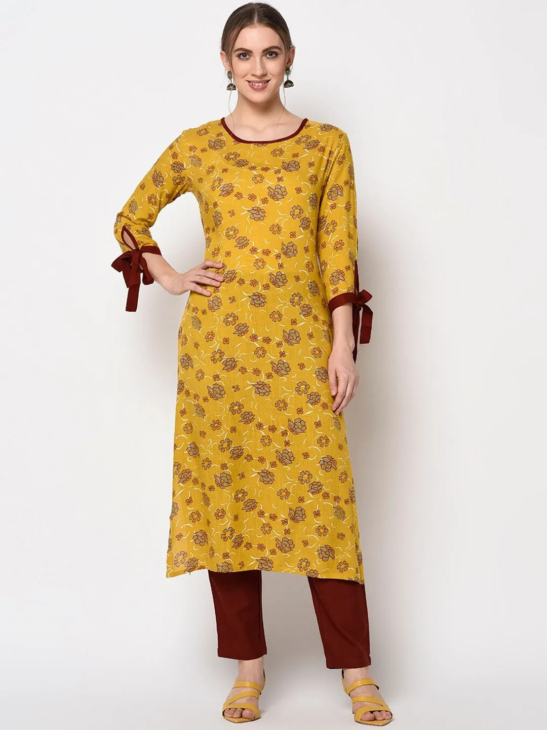 Women Mustard & Grey A-Line Kurta