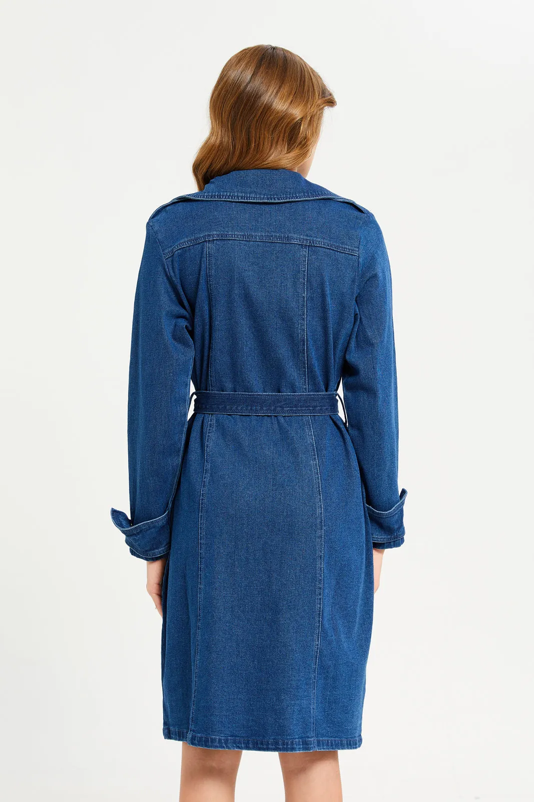 Women Navy Collared Denim Dress