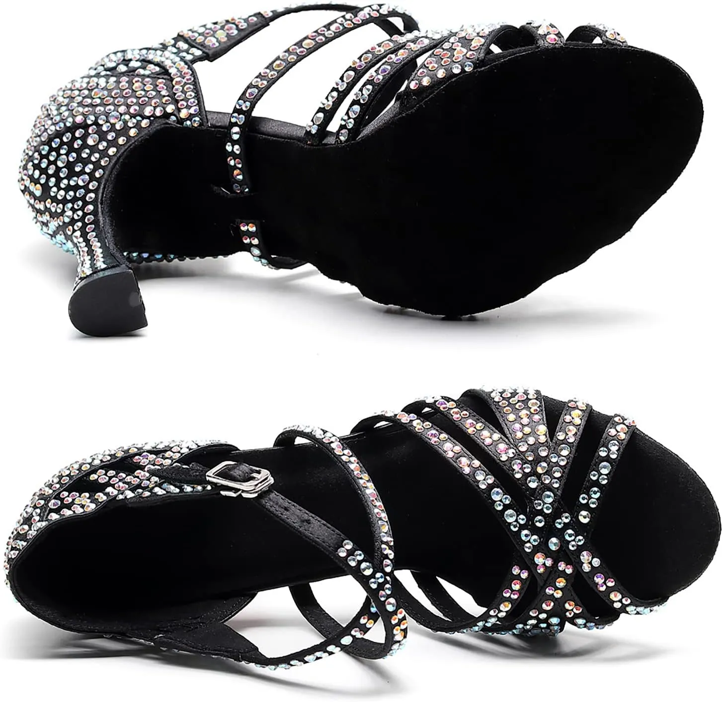 Women Rhinestone Ballroom Dance Shoes Latin Salsa Performance High Heels Professional Practice Sandals