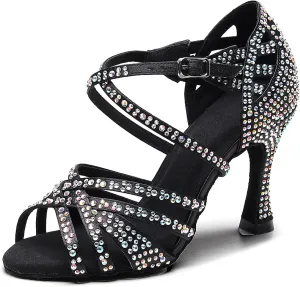 Women Rhinestone Ballroom Dance Shoes Latin Salsa Performance High Heels Professional Practice Sandals