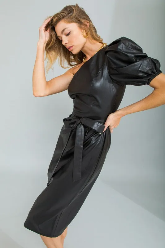 Women's Black faux leather one shoulder dress