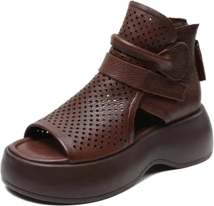 Women's Leather Hollow Platform High Top Sandals Open Toe Non-Slip Back Zipper Gladiator Sandals Summer Outdoor Casual Roman Beach Sandals