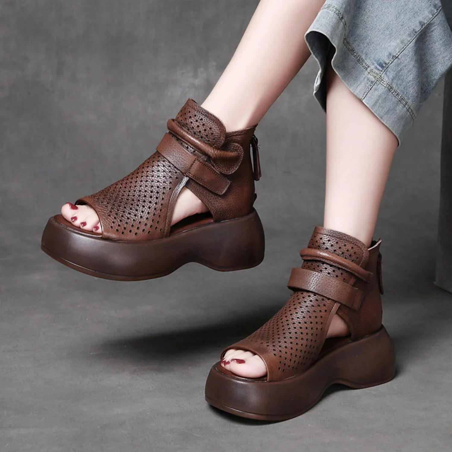 Women's Leather Hollow Platform High Top Sandals Open Toe Non-Slip Back Zipper Gladiator Sandals Summer Outdoor Casual Roman Beach Sandals