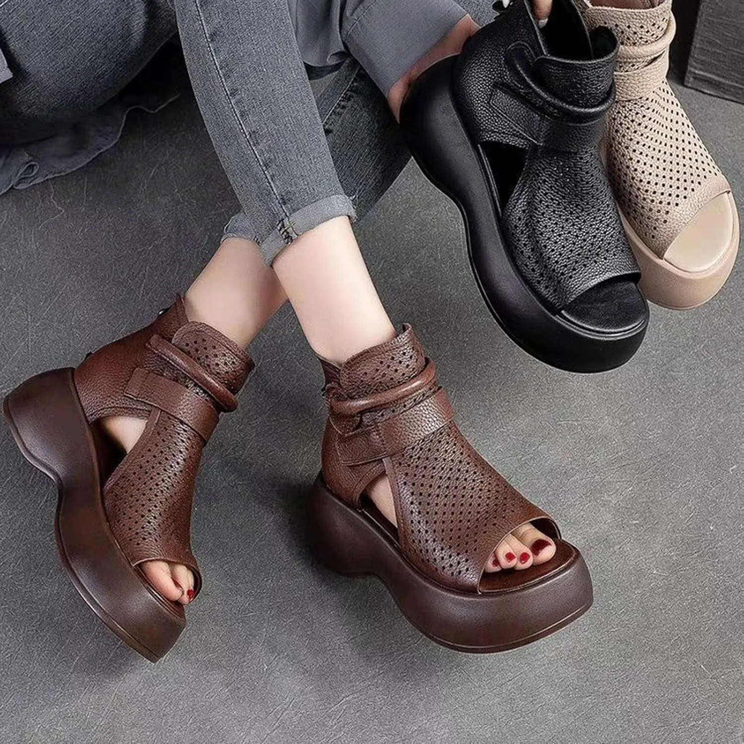 Women's Leather Hollow Platform High Top Sandals Open Toe Non-Slip Back Zipper Gladiator Sandals Summer Outdoor Casual Roman Beach Sandals