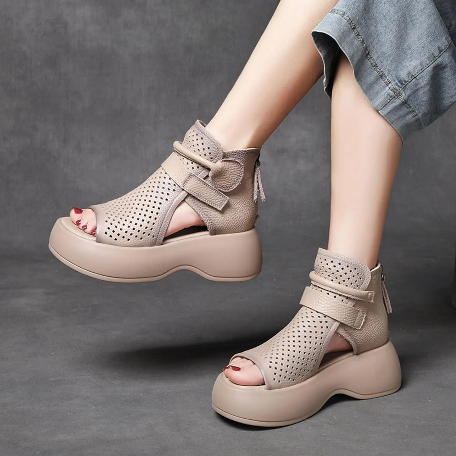 Women's Leather Hollow Platform High Top Sandals Open Toe Non-Slip Back Zipper Gladiator Sandals Summer Outdoor Casual Roman Beach Sandals