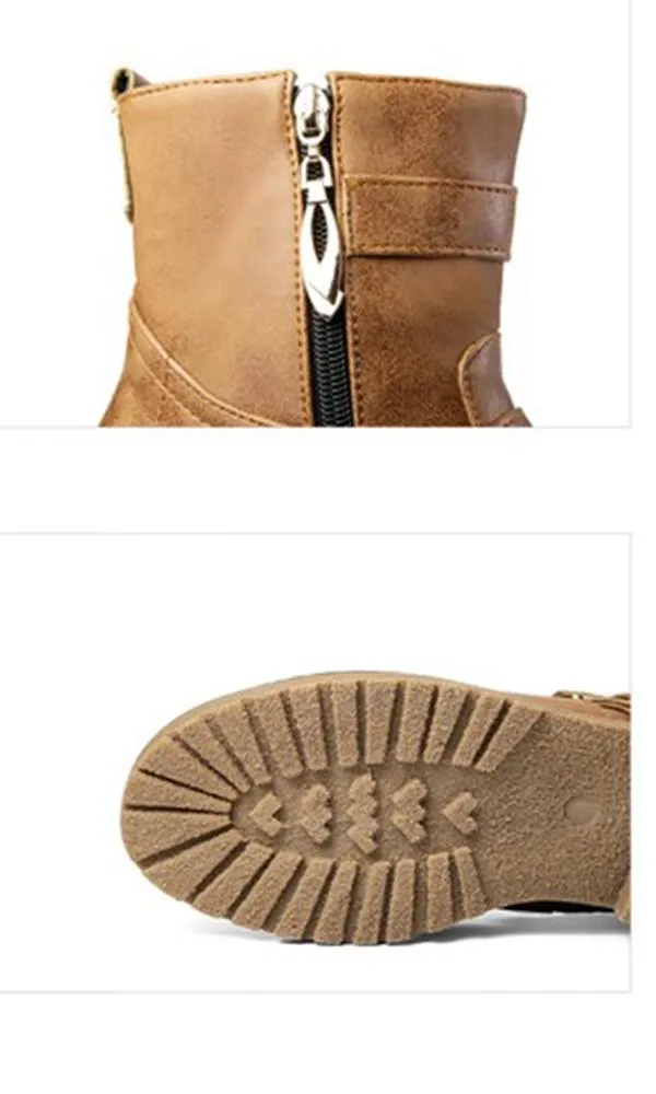 Women's low heel retro buckle strap plush lining motorcycle boots